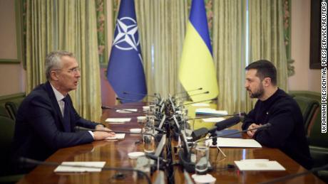 NATO Secretary-General Jens Stoltenberg (left) and Ukraine&#39;s President Volodymyr Zelensky meet in Kyiv, Ukraine, on April 20, 2023.