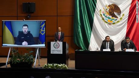 Ukraine&#39;s President Volodymyr Zelensky addresses Mexico&#39;s Congress virtually in Mexico City.