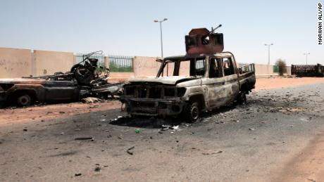 Destroyed military vehicles in southern Khartoum.