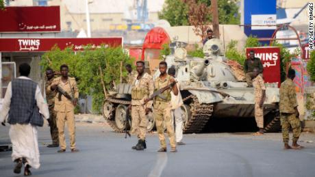 Sudanese army soldiers, loyal to army chief Abdel Fattah al-Burhan, man a position in the Red Sea city of Port Sudan.