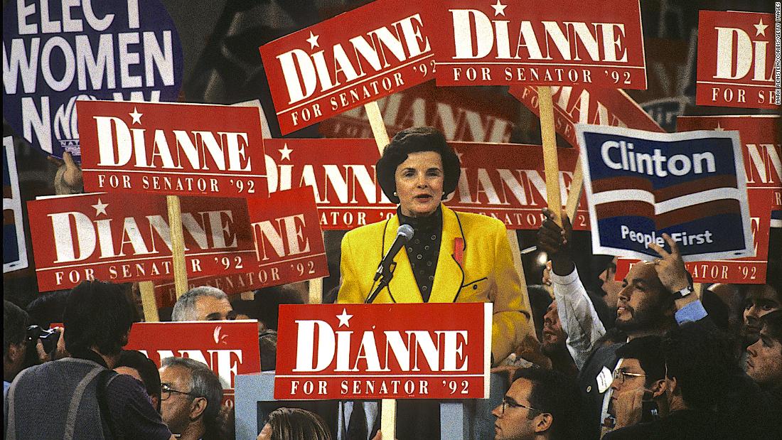 Feinstein addresses the Democratic National Convention in 1992. She was elected to the United States Senate that year and served in that position until her death.