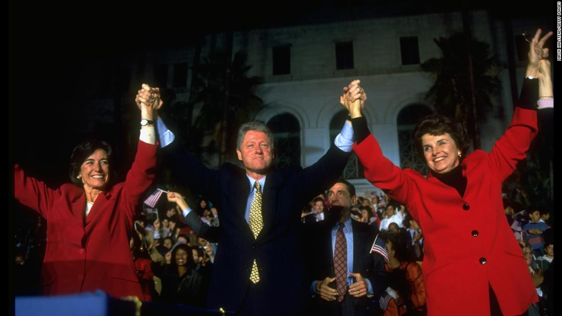 Feinstein joins California gubernatorial candidate Kathleen Brown and President Bill Clinton on stage at a campaign rally in Los Angeles in 1994.