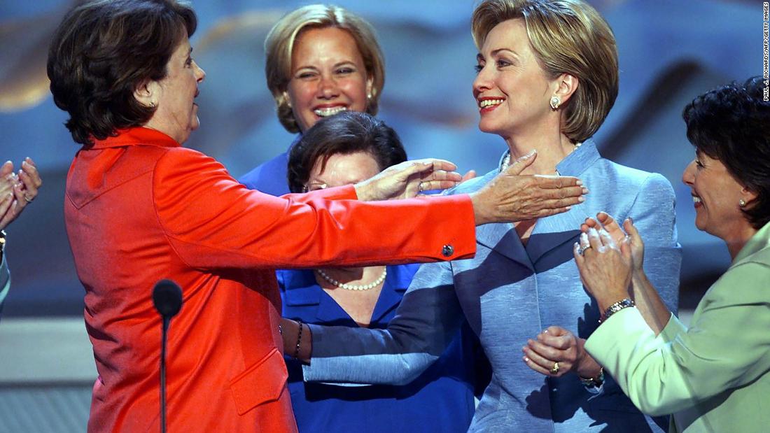 Feinstein greets first lady Hillary Clinton at the 2000 Democratic National Convention in Los Angeles. Clinton was running for a US Senate seat in New York, which she went on to win.