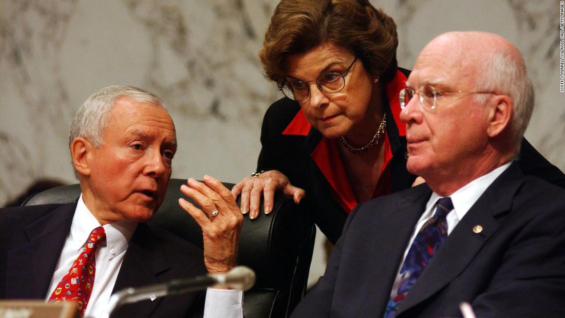 From left, Chairman Orrin Hatch, Feinstein, and ranking Democrat Patrick J. Leahy chat in 2003 while considering the nomination of William H. Pryor Jr. to be US Circuit judge for the 11th Circuit.