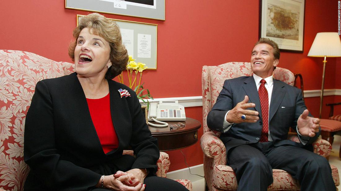 California Governor-elect Arnold Schwarzenegger meets with Feinstein on Capitol Hill in 2003. Schwarzenegger was in Washington seeking funds for his cash-strapped state.