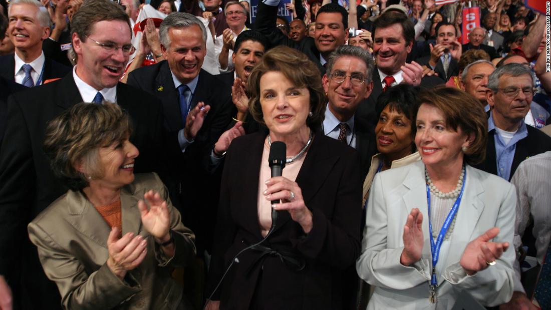 Feinstein speaks while standing among California delegates at the 2004 Democratic National Convention in Boston.