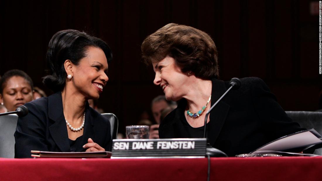 Condoleezza Rice sits with Feinstein before Rice&#39;s confirmation hearing in 2005 after her nomination by President George W. Bush to succeed Colin Powell as the secretary of state.
