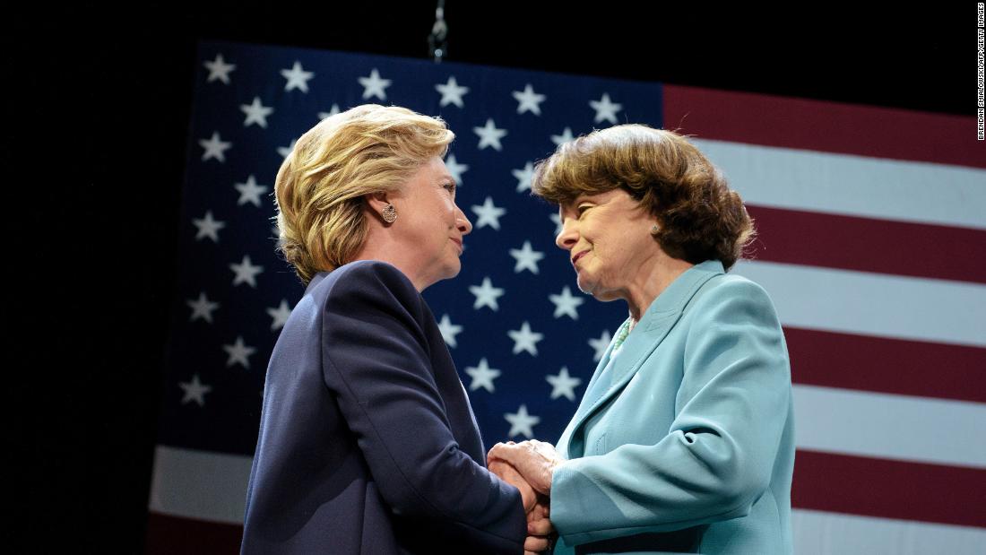 Democratic presidential nominee Hillary Clinton greets Feinstein during a fundraiser in San Francisco, California, in 2016.