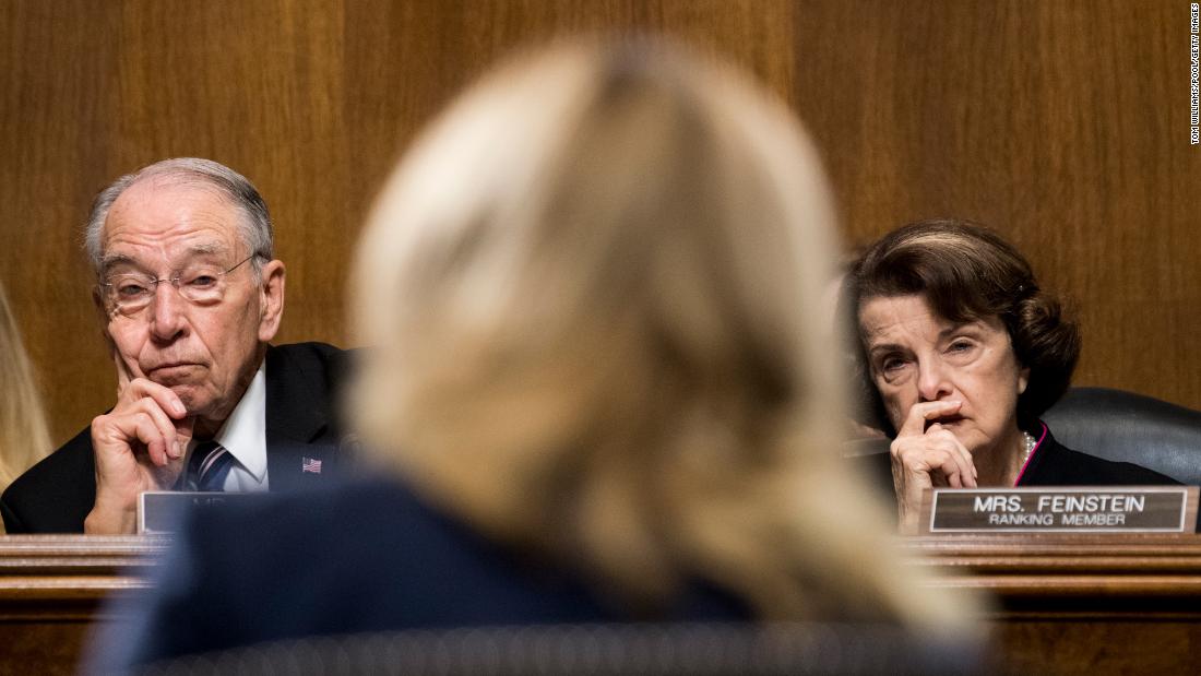 Sen. Chuck Grassley and Feinstein listen as Dr. Christine Blasey Ford testifies during the Senate Judiciary Committee hearing on the nomination of Brett M. Kavanaugh to be an associate justice of the Supreme Court in 2018. Ford accused Kavanaugh of sexually assaulting her during a party in 1982 when they were high school students in suburban Maryland. Kavanaugh denied Ford&#39;s allegations. The Senate confirmed Kavanaugh&#39;s nomination by a vote of 50-48.