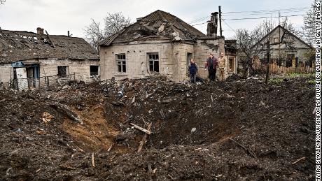 A crater is seen in a residential area after a rocket strike by the  Russian military in Zaporizhzhia,  Ukraine, on April 9, 2023.