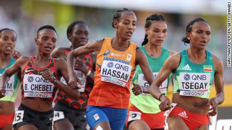 Hassan races in the 5,000-meter final at last year&#39;s World Athletics Championships in Eugene, Oregon. 
