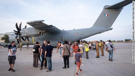 An aircraft from the French Air Force, which picked up evacuees of different nationalities from Sudan, arrives in Djibouti.