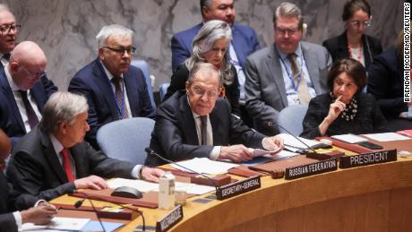 Russian Foreign Minister Sergei Lavrov chairs a meeting of the United Nations Security Council on &quot;Effective multilateralism through the defence of the principles of the Charter of the United Nations,&quot; at the U.N. headquarters in New York, U.S., April 24, 2023. REUTERS/Brendan McDermid