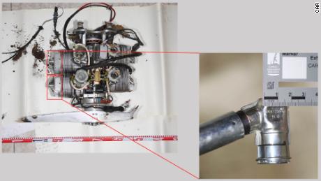 The location of spark plug caps on a Mado MD-550 engine is shown. CAR researchers found Mado&#39;s markings on the spark plug caps. 