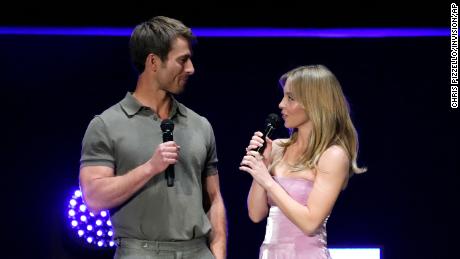 (From left) Glen Powell and Sydney Sweeney during the Sony Pictures presentation at CinemaCon in Las Vegas on Monday. 