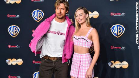 (From left) Ryan Gosling and Margot Robbie at the &quot;Barbie&quot; CinemaCon presentation this week in Las Vegas. 
