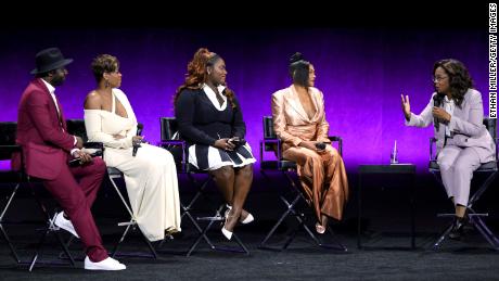 (From left) Blitz Bazawule, Fantasia Barrino, Danielle Brooks, Taraji P. Henson and Oprah Winfrey at the CinemaCon Warner Bros. Pictures presentation for &quot;The Color Purple&quot; this week in Las Vegas. 