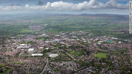 Aerial view of Wrexham on May 12, 2018.
