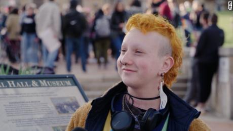 Pip Mostern, a trans student at Pitt, joined the protests against the debate being held.