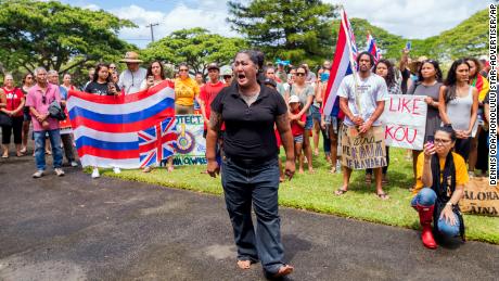 Kumu Hinaleimoana Wong-Kalu is seen at a demonstration protesting the construction of the Thirty Meter Telescope on Mauna Kea in Hawai&#39;i on July 19, 2019. Though Native Hawaiians are a part of the AANHPI umbrella, some feel their experiences are often overlooked.
