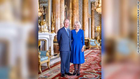 Britain&#39;s King Charles III and Queen Camilla in the Blue Drawing Room at Buckingham Palace, London.