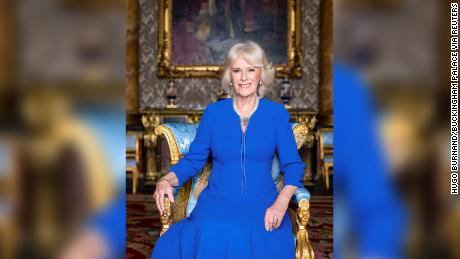 Queen Camilla in the Blue Drawing Room at Buckingham Palace.