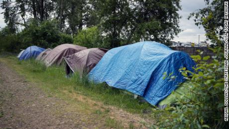 A homeless camp is seen at Cascades Gateway City Park on Friday, May 21, 2021 in Salem, Oregon.