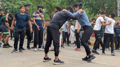 Wrestlers perform exercise drills at the protest site in Jantar Mantar, New Delhi, on April 28, 2023. 