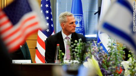 House Speaker Kevin McCarthy looks on during a bilateral meeting with his Israeli counterpart, Knesset Speaker Amir Ohana at the Knesset, Israel&#39;s Parliament, in Jerusalem, April 30.