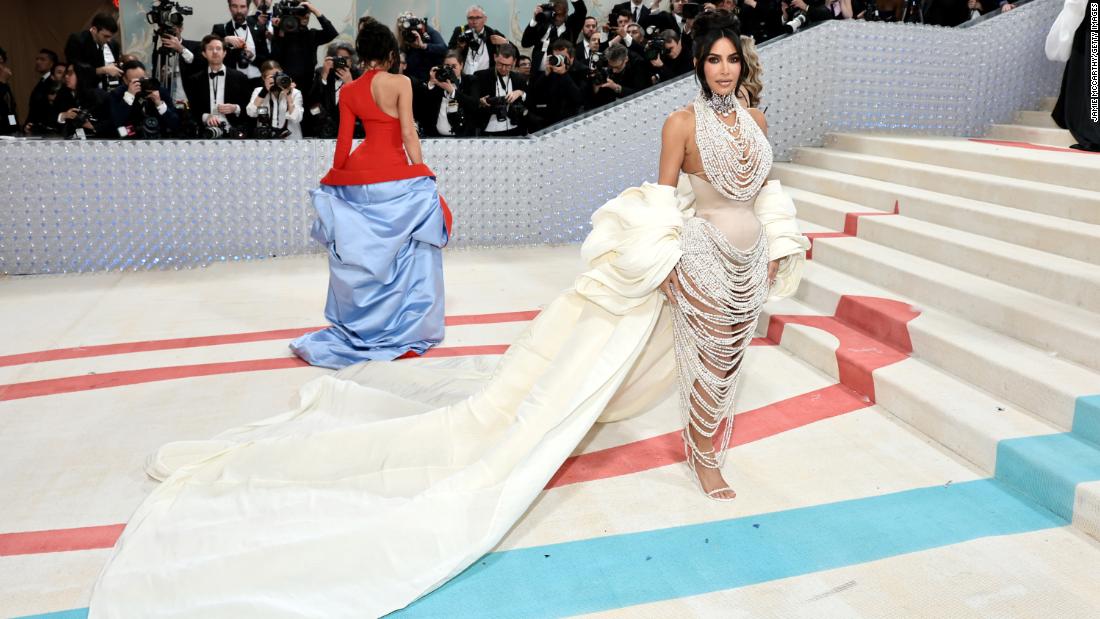 Kim Kardashian at the Met Gala ‘dripping in pearls’ with a sparkling Lagerfeld tribute