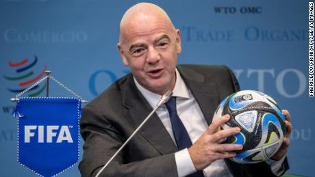 FIFA President Gianni Infantino holds an official ball of the 2023 FIFA Women&#39;s World Cup on May 1.