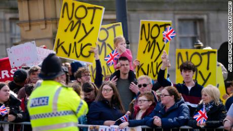 Anti-monarchy protesters wait for the arrival of King Charles III and Queen Camilla in Liverpool last month.