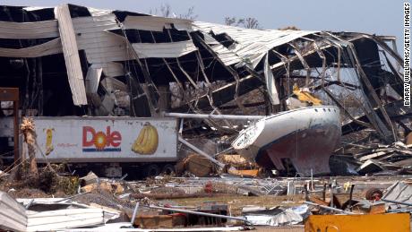 Debris blown ashore by Hurricane Katrina lies in August 2005 near downtown Gulfport, Mississippi.
