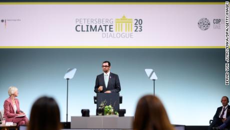 Sultan Ahmed Al-Jaber, president of COP28, speaks at the 14th Petersberg Climate Dialogue at the Federal Foreign Office in Berlin on May 2. 