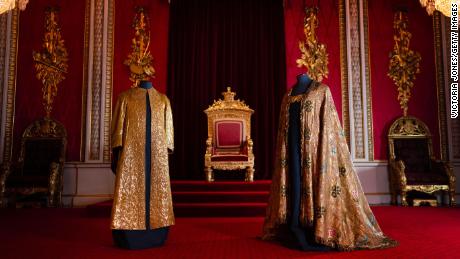 The Coronation Vestments, comprising of the Supertunica (left) and the Imperial Mantle (right), to be worn by the King during his coronation.
