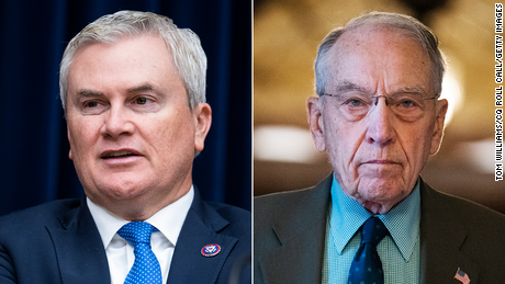 At left, House Oversight Chairman James Comer, a Republican from Kentucky, and, at right, Sen. Chuck Grassley, the ranking Republican on the Senate Budget Committee.