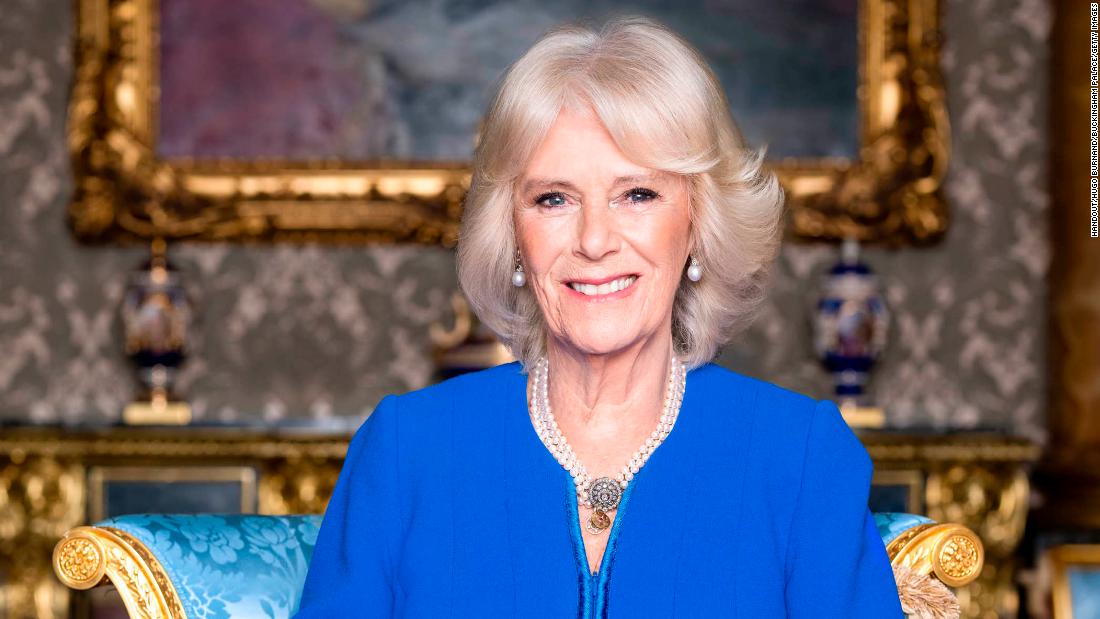 Camilla sits in Buckingham Palace&#39;s Blue Drawing Room in March 2023.