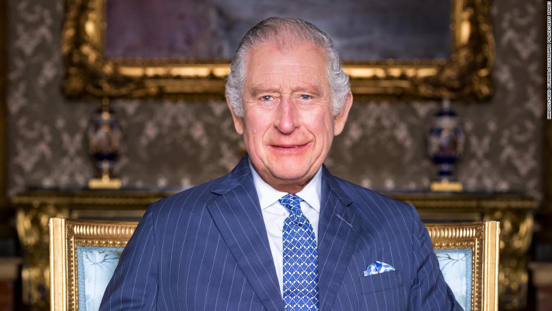 The King sits in Buckingham Palace&#39;s Blue Drawing Room in March 2023.