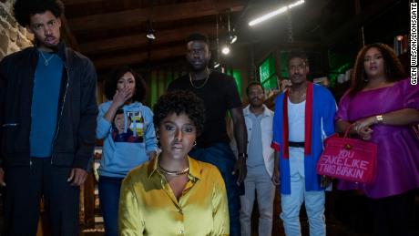 (From left) Melvin Gregg, Grace Byers, Antoinette Robertson, Sinqua Walls, Jermaine Fowler, Dewayne Perkins and Xochitl Mayo in &quot;The Blackening.&quot;