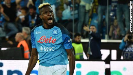 Victor Osimhen celebrates scoring the goal which secured Napoli&#39;s third Serie A title..