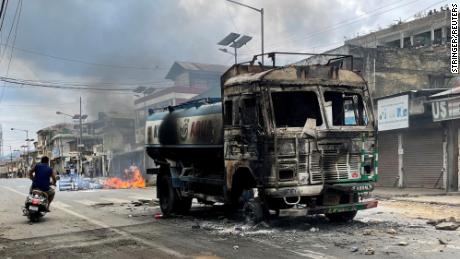 A damaged water tanker that was set on fire during a protest by tribal groups in Churachandpur in the northeastern state of Manipur, India, on May 4.