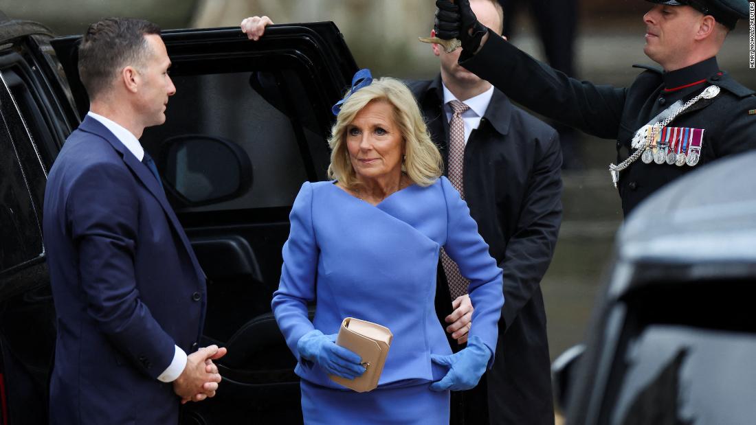 Jill Biden, first lady of the United States, arrives at Westminster Abbey. Biden, &lt;a href=&quot;https://www.cnn.com/uk/live-news/king-charles-iii-coronation-ckc-intl-gbr/h_054e67e7c5ebf898814c9b3c1126fb9f&quot; target=&quot;_blank&quot;&gt;who led the US delegation&lt;/a&gt;, traveled with her granddaughter Finnegan Biden.