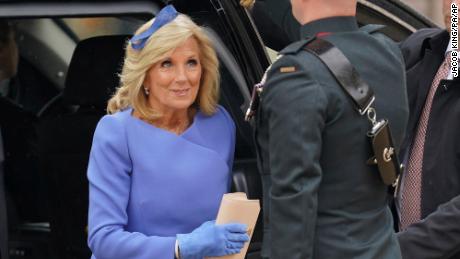 US first lady Jill Biden arrives at Westminster Abbey in London on May 6, 2023, for the coronation ceremony of King Charles III of the United Kingdom. 