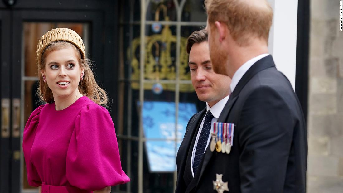 Prince Harry, right, arrives at Westminster Abbey along with Princess Beatrice, one of the King&#39;s nieces, and her husband, Edoardo Mapelli Mozzi.  &lt;a href=&quot;https://www.cnn.com/uk/live-news/king-charles-iii-coronation-ckc-intl-gbr/h_d46a1c2f25cd5c5ed888c323a5411ae9&quot; target=&quot;_blank&quot;&gt;Harry accepted the invitation to his father&#39;s coronation&lt;/a&gt; but was without his wife, Meghan, who stayed back in California with the couple&#39;s two children.