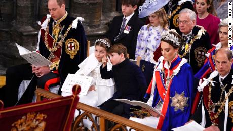 The Prince of Wales, Princess Charlotte, Prince Louis, the Princess of Wales and the Duke of Edinburgh at the coronation ceremony.