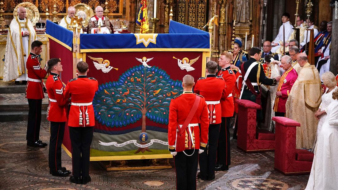 An anointing screen is erected for King Charles III at the coronation ceremony. &lt;a href=&quot;https://www.cnn.com/uk/live-news/king-charles-iii-coronation-ckc-intl-gbr/h_bf90cc361d9bb2d2940704187697b0cd&quot; target=&quot;_blank&quot;&gt;The most sacred part of the service&lt;/a&gt; — the anointing — took place behind the screen.