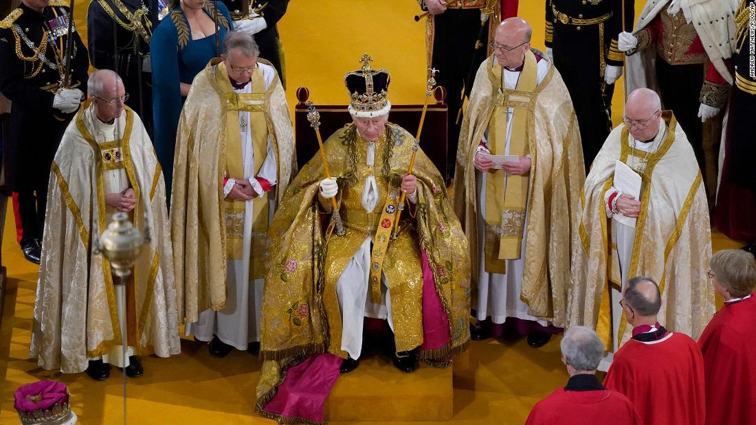 Charles receives the St. Edward&#39;s Crown during his &lt;a href=&quot;http://www.cnn.com/2023/05/06/uk/gallery/coronation-king-charles/index.html&quot; target=&quot;_blank&quot;&gt;coronation ceremony &lt;/a&gt;at Westminster Abbey in May 2023.