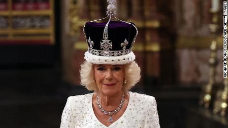 Britain&#39;s Camilla walks wearing a modified version of Queen Mary&#39;s Crown during the Coronation Ceremony inside Westminster Abbey in central London, on May 6, 2023.. - The set-piece coronation is the first in Britain in 70 years, and only the second in history to be televised. Charles will be the 40th reigning monarch to be crowned at the central London church since King William I in 1066. Outside the UK, he is also king of 14 other Commonwealth countries, including Australia, Canada and New Zealand. (Photo by Richard POHLE / POOL / AFP) (Photo by RICHARD POHLE/POOL/AFP via Getty Images)