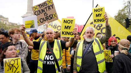 Anti-monarchy protesters demonstrate near the procession route for Britain&#39;s King Charles III coronation in London on Saturday.