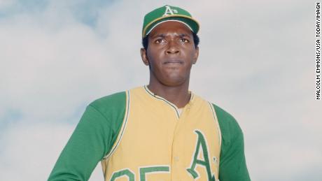 Oakland Athletics pitcher Vida Blue (35) poses for a portrait on the field.